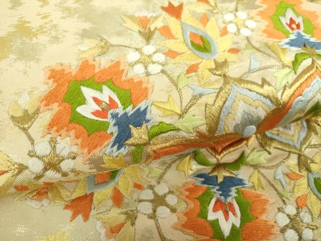 平和屋着物▼太鼓柄袋帯 駒刺繍 総刺繍 正倉院花文 金糸 引箔 正絹 逸品 DABF7034ps