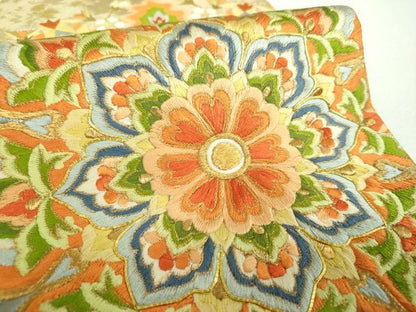 平和屋着物▼太鼓柄袋帯 駒刺繍 総刺繍 正倉院花文 金糸 引箔 正絹 逸品 DABF7034ps