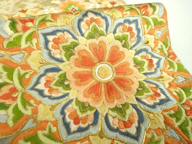 平和屋着物▼太鼓柄袋帯 駒刺繍 総刺繍 正倉院花文 金糸 引箔 正絹 逸品 DABF7034ps