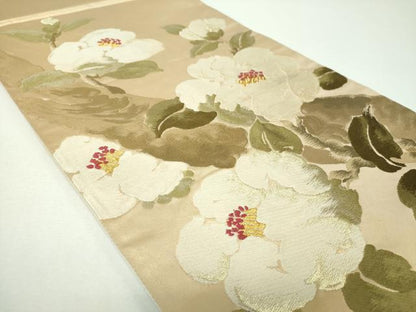 平和屋着物▼六通柄袋帯　唐織　遊亀椿　金糸　正絹　逸品　DABF7078ps