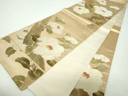 平和屋着物▼六通柄袋帯　唐織　遊亀椿　金糸　正絹　逸品　DABF7078ps