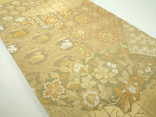平和屋着物▼六通柄袋帯　名物裂花文　金糸　正絹　逸品　DABF7079ps
