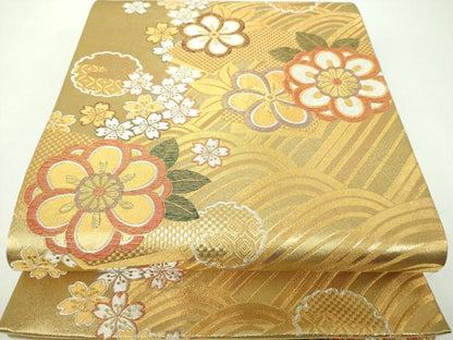 平和屋着物▼六通柄袋帯 流水雪輪桜 金銀糸 鈴乃屋扱い 正絹 逸品 DABF7087ps