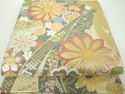 平和屋着物▼六通柄袋帯 唐織 吉祥花文 金糸 正絹 逸品 DABF7088ps