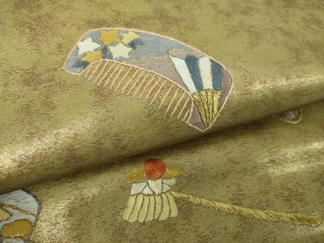 平和屋着物▼九寸名古屋帯　総刺繍　櫛　簪　金糸　引箔　正絹　逸品　DABF7155ps