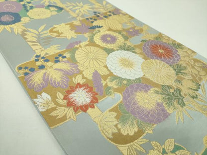 平和屋着物▼西陣　六通柄袋帯　唐織　寿らく　霞吉祥花文　金糸　正絹　逸品　DABF7165ps