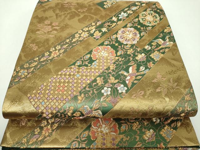 平和屋着物▼六通柄袋帯　花鳥短冊文　金糸　正絹　逸品　DABF7174ps