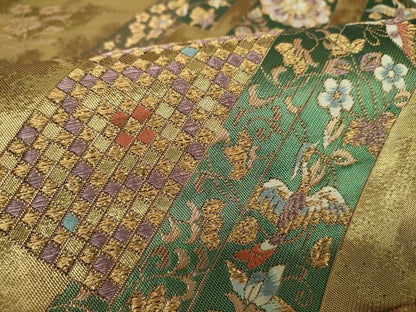 平和屋着物▼六通柄袋帯　花鳥短冊文　金糸　正絹　逸品　DABF7174ps