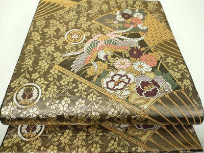 平和屋着物▼両面 六通柄袋帯 唐織 扇面鳳凰花文 金糸 正絹 逸品 DABF7182ps