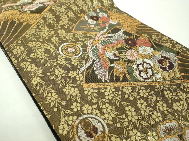 平和屋着物▼両面 六通柄袋帯 唐織 扇面鳳凰花文 金糸 正絹 逸品 DABF7182ps