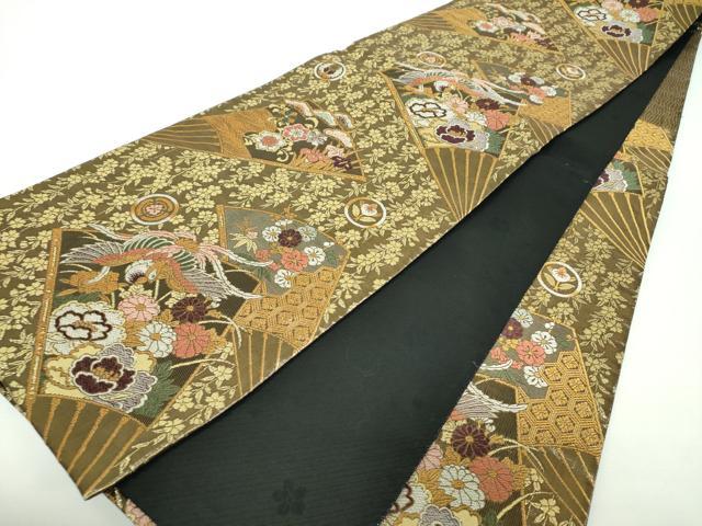 平和屋着物▼両面 六通柄袋帯 唐織 扇面鳳凰花文 金糸 正絹 逸品 DABF7182ps