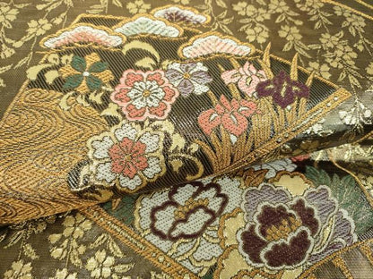 平和屋着物▼両面 六通柄袋帯 唐織 扇面鳳凰花文 金糸 正絹 逸品 DABF7182ps