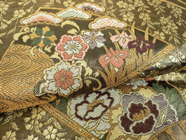 平和屋着物▼両面 六通柄袋帯 唐織 扇面鳳凰花文 金糸 正絹 逸品 DABF7182ps