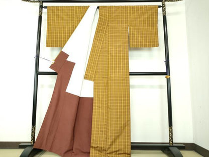 平和屋着物●黄八丈　平織　紬　格子　正絹　逸品　DABF7198ps