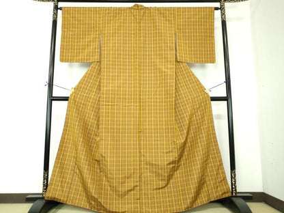 平和屋着物●黄八丈　平織　紬　格子　正絹　逸品　DABF7198ps