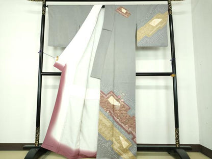 平和屋着物●訪問着　刺繍　絞り　松皮菱花文　金彩　正絹　逸品　DABF7228ps