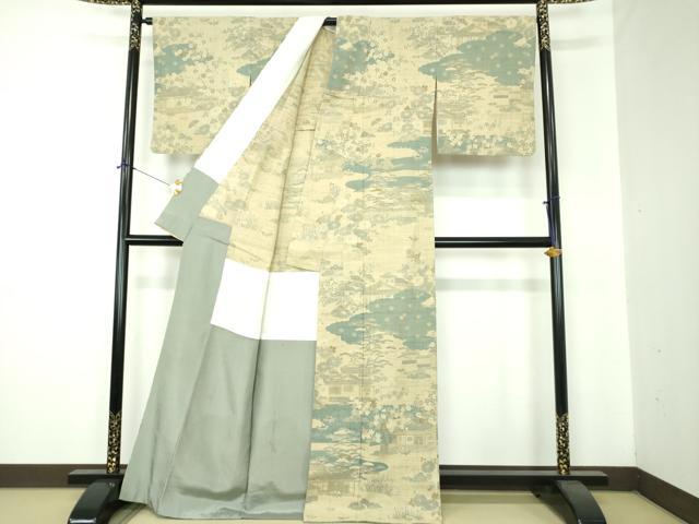 平和屋着物●染織の名門　しょうざん　生紬　訪問着　訪問着　背抜き仕立て　流水風景花文　金彩　正絹　逸品　DABF7235ps