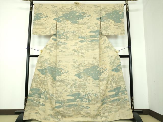 平和屋着物●染織の名門　しょうざん　生紬　訪問着　訪問着　背抜き仕立て　流水風景花文　金彩　正絹　逸品　DABF7235ps