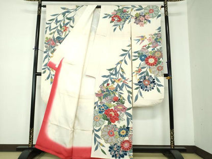 平和屋着物●豪華振袖　型染　風景花鳥文　正絹　逸品　DABF7237ps