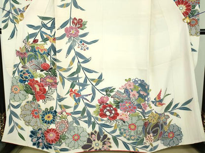 平和屋着物●豪華振袖　型染　風景花鳥文　正絹　逸品　DABF7237ps