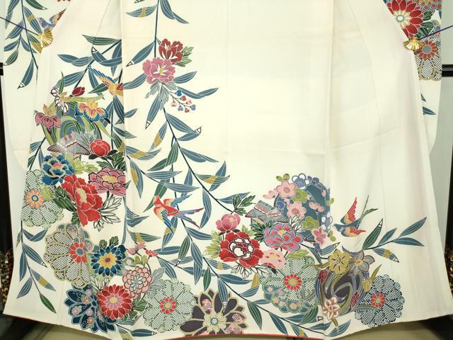 平和屋着物●豪華振袖　型染　風景花鳥文　正絹　逸品　DABF7237ps