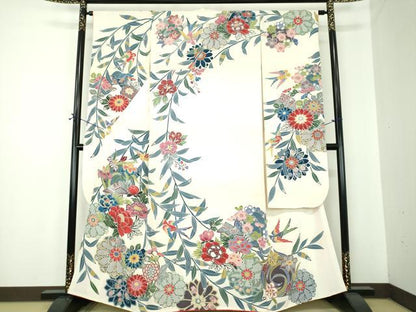 平和屋着物●豪華振袖　型染　風景花鳥文　正絹　逸品　DABF7237ps