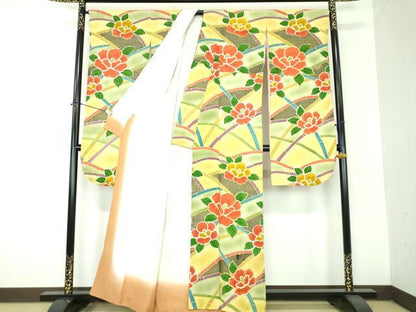 平和屋着物●豪華振袖　駒刺繍　絞り　竹垣花文　暈し染め　金彩　正絹　逸品　DABF7241ps