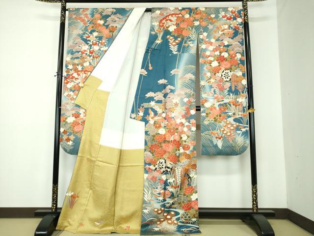 平和屋着物●豪華振袖　駒刺繍　花車　吉祥花鳥文　暈し染め　金彩　正絹　逸品　DABF7242ps