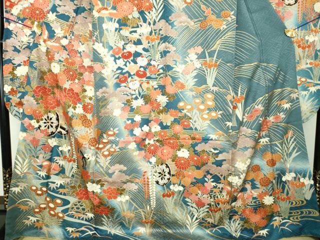 平和屋着物●豪華振袖　駒刺繍　花車　吉祥花鳥文　暈し染め　金彩　正絹　逸品　DABF7242ps