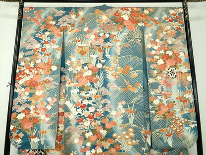 平和屋着物●豪華振袖　駒刺繍　花車　吉祥花鳥文　暈し染め　金彩　正絹　逸品　DABF7242ps