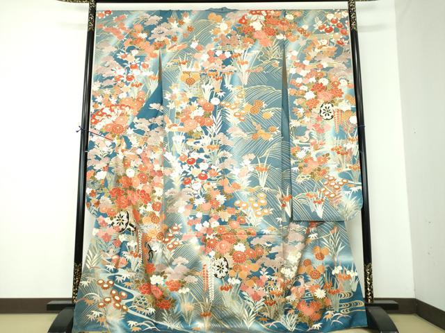 平和屋着物●豪華振袖　駒刺繍　花車　吉祥花鳥文　暈し染め　金彩　正絹　逸品　DABF7242ps