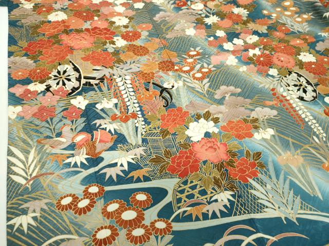 平和屋着物●豪華振袖　駒刺繍　花車　吉祥花鳥文　暈し染め　金彩　正絹　逸品　DABF7242ps
