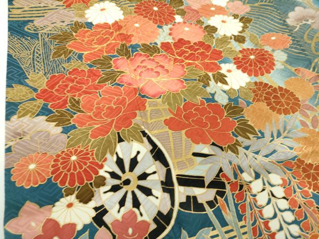平和屋着物●豪華振袖　駒刺繍　花車　吉祥花鳥文　暈し染め　金彩　正絹　逸品　DABF7242ps
