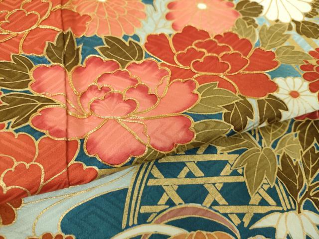 平和屋着物●豪華振袖　駒刺繍　花車　吉祥花鳥文　暈し染め　金彩　正絹　逸品　DABF7242ps