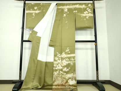 平和屋着物●訪問着　駒刺繍　枝垂れ桜　華麗な花　暈し染め　金彩　ロング丈　正絹　逸品　未使用　DABF7244ps