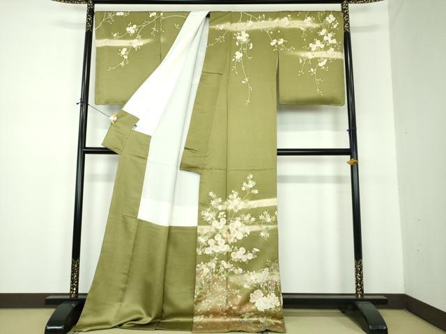 平和屋着物●訪問着　駒刺繍　枝垂れ桜　華麗な花　暈し染め　金彩　ロング丈　正絹　逸品　未使用　DABF7244ps