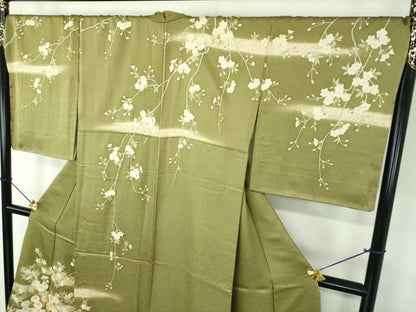 平和屋着物●訪問着　駒刺繍　枝垂れ桜　華麗な花　暈し染め　金彩　ロング丈　正絹　逸品　未使用　DABF7244ps