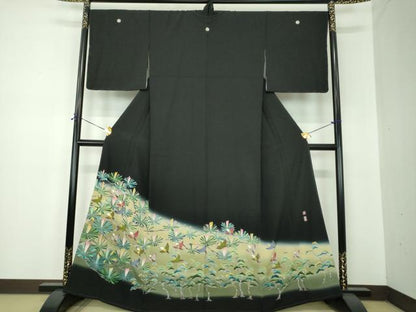 平和屋着物●京加賀友禅　百貫達雄　黒留袖　群れ鳥　松文　暈し染め　正絹　逸品　未使用　DABF7250ps
