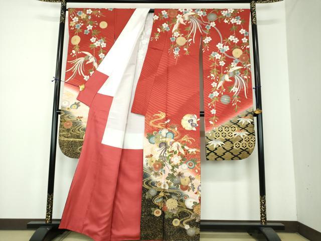 平和屋着物●豪華振袖　駒刺繍　流水鳳凰花文　暈し染め　金彩　正絹　逸品　DABF7253ps