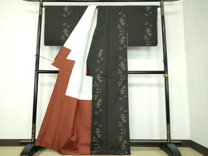 平和屋着物●本場大島紬　9マルキ　地空　古代染色純泥染　花唐草文　川口織物謹製　証紙付き　正絹　逸品　未使用　DABF7255ps