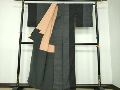 平和屋着物●結城紬　100亀甲　間道　黒地　正絹　逸品　DABF7274ps
