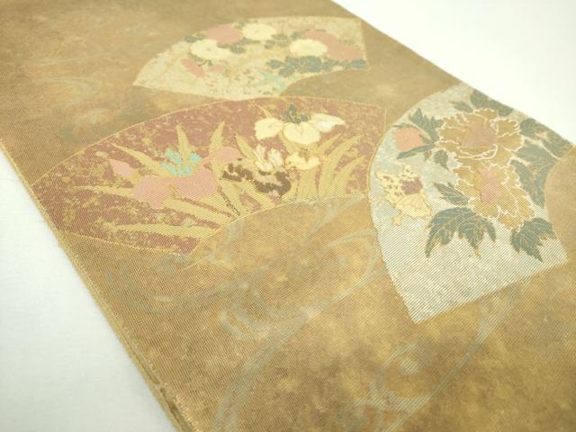平和屋着物▼太鼓柄袋帯　華つる螺鈿箔　手織　流水地紙花文　金銀彩　正絹　逸品　DABF7284ps