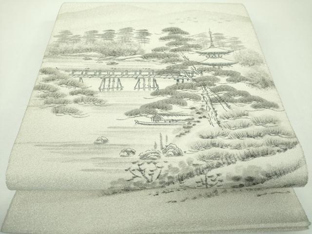平和屋着物▼綴れ　六通柄袋帯　作家物　手描き　嵐山渡月橋　銀糸　正絹　逸品　DABF7300ps