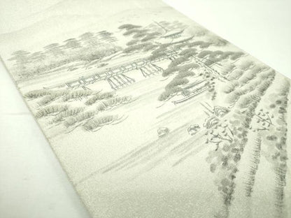 平和屋着物▼綴れ　六通柄袋帯　作家物　手描き　嵐山渡月橋　銀糸　正絹　逸品　DABF7300ps