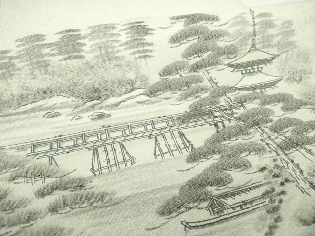 平和屋着物▼綴れ　六通柄袋帯　作家物　手描き　嵐山渡月橋　銀糸　正絹　逸品　DABF7300ps