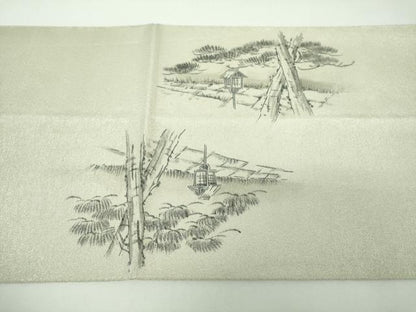 平和屋着物▼綴れ　六通柄袋帯　作家物　手描き　嵐山渡月橋　銀糸　正絹　逸品　DABF7300ps