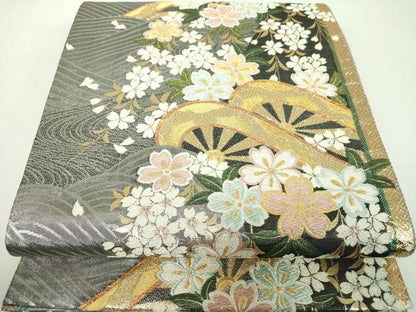 平和屋着物▼佐賀錦　両面　六通柄袋帯　枝垂れ桜　流水片輪車　金銀糸　正絹　逸品　DABF7304ps