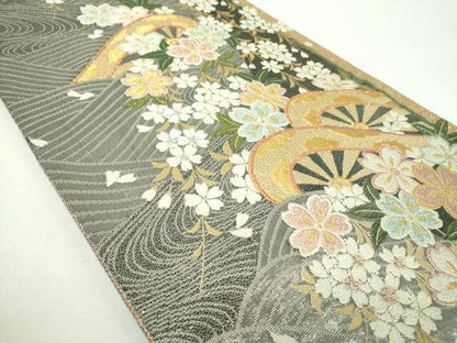 平和屋着物▼佐賀錦　両面　六通柄袋帯　枝垂れ桜　流水片輪車　金銀糸　正絹　逸品　DABF7304ps