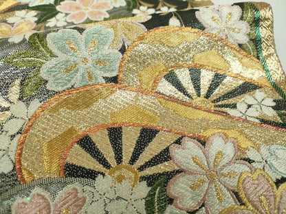 平和屋着物▼佐賀錦　両面　六通柄袋帯　枝垂れ桜　流水片輪車　金銀糸　正絹　逸品　DABF7304ps