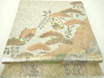 平和屋着物▼太鼓柄袋帯　螺鈿箔　舞蝶花松文　金銀彩　正絹　逸品　DABF7313ps